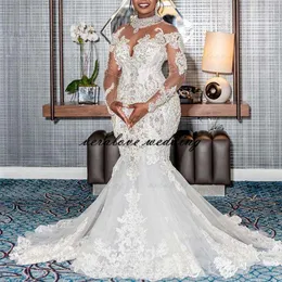 Vestido de casamento de sereia de luxo 2021 pura mancha comprida mangas africanas sereia vestidos nupciais robe de mariee