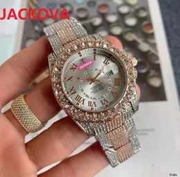 Mens Womens Big Diamond Кольцевые часы Quartz Watches 41 -мм нержавеющая сталь Классические наручные часы Идеальное календарь розового золота Золотые браслет -часы Relogio Masculino