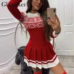 Glamaker Red knitted Christmas pleated short dress Party bodycon basic elegant dress Winter autumn chic slim dress new 201028