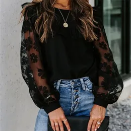 Shirt Blouse Female Fashion Long Puff Sleeve Lace Ruffless Patchwork Tops Femme Transparent Blusas Top Womens 220307