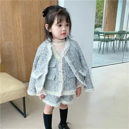 2020秋の新しい到着女の子ファッション3個のスーツコート+ベスト+ショートキッズツイードセットガール服Y1106