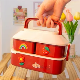 Cartoon Children Lunch Box Cute Student Bento Microwave ES Food Storage med oberoende bestick för barncamping 220217
