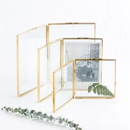 折り畳まれた両面ガラスメタルフォトフレーム、植物標本ホルダー、電気メッキゴールドカバーディスプレイスタンド201211