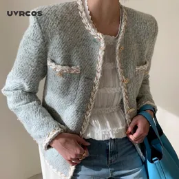 女性のジャケット UVRCOS 秋冬ツイードコート女性長袖シングルブレスト韓国スタイルミニマリストレディースジャケットエレガントな Vestidos