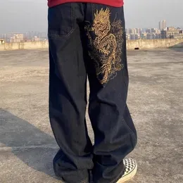 Retro Street Skateboarding Dance Loose Chinese Dragon Broderad Hög midja Jeans Daddy Mopping 220310