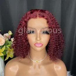 Deep Wave 99J Burgundy Red Colored Wig Transparent 13x1 t Prat Parter Lace Human Hair Wigs för kvinnor