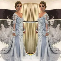 Elegante V Pescoço Lace Sereia Mãe Vestidos De Festa de Casamento Mãe Apliques Frisadas Manga Longa Mãe dos Vestidos Da Noiva Plus Tamanho Vestidos de Eventos Formal 2022