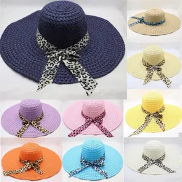 Women Leopard Print Straw Hat Sun Floppy Wide Hats Beach Capats Summer Hat Y200714