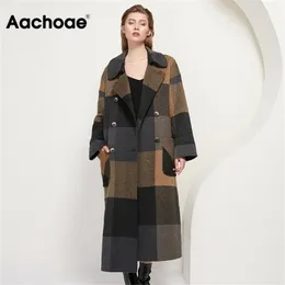 AACHOAE Женские Винтажные клетки Шерстяное длинное пальто с карманами с карманами с двубортными модами пальто на пальто насыщенной двусмысленной моды