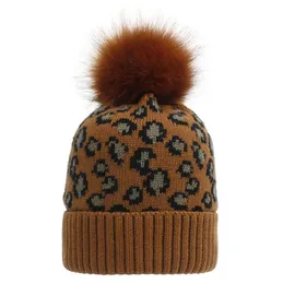 cute INS Fashions 9 Colors Women Leopard Knitted Hats Pom Poms Fur Ball Beanies Adults Winter Warm Caps Outdoors Skullies Beanies
