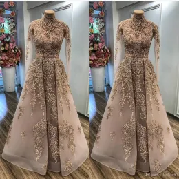 Luksusowa Koronka Zroszony 2022 Afryki Dubaj Suknie Wieczorowe Wysokiej Neck Długie Rękawy Prom Dresses Vintage Formalne Party Druhna Pagewanki Suknie CG001