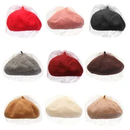 Ladies Women Autumn Winter Warm Wool Beret Cap Mystery Net Veil Style Female Outdoor Elegant Beanies Bonnet Hat