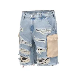 Men's Shorts High street style loose straight tube knife cut big holes, burr tassels, washed cat beard shorts