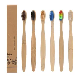 Naturlig bambuhandtag tandborste regnbåge färgglada vitare mjuka borstar bambu tandborste miljövänlig oral vård med låda eea1177-1
