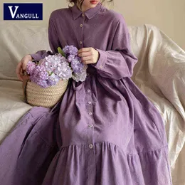 Vangull Fashion Abito in velluto a coste Donna Taglie forti Abito femminile Colletto rovesciato Cintura a maniche lunghe Abito harajuku monopetto G0214