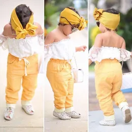 Flicka babykläder småbarn sätter sommarflickor från axel vit skjorta+kort hylsa+gula byxor+pannband barn 3 datorer kostymer