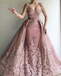 Rose Pink Overskirts Mermaid Evening Dresses Spaghetti Strap Lace Appliques Chic Prom Klänningar med avtagbar tåg Formell klänning