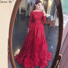 Serene Hill Dubai Rot Sexy A-Linie Luxus Abendkleid 2020 Lange Ärmel Pailletten Federn Formale Party Kleid LJ201125