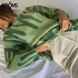 Approms 우아한 녹색 줄무늬 인쇄 대형 풀오버 여성 겨울 O 넥 루스 긴 스웨터 스트리트웨어 따뜻한 겉옷 201111