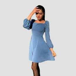 ChurSes Solid Casual Spring Mini Dress Puff Sleeve Square Neck Elegant Slim Party Dress Ladies Vintage A Line Kvinnor Klänningar 2022 211221