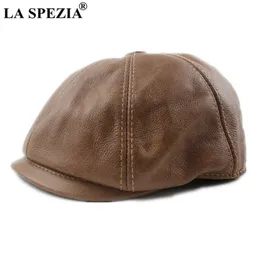 La Spezia Khaki Men's Newsboy Gap äkta cowskin läder åttonal mössa man basker Autumn vinter män vintage ankahattar 20226w