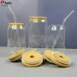 Mason jar sublimação de cerveja de vidro canecas com tampa de bambu palha diy espaços em branco fosco em forma de tumblers tumblers copos de calor transferência de calor 15oz coquetel cocktail cg001