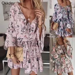Okkdey Womens Boho Floral Mini Swing Dress Summer Holiday Beach Ruffle Volant Vestito estivo Bohemian Sexy Mini abiti da donna Vestido Y0118