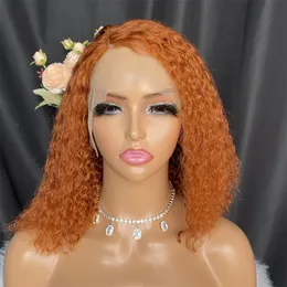 Transparenta spetskrullar peruker 13x1 brasilianska mänskliga hår peruker för kvinnor t Part Bob Wig Orange