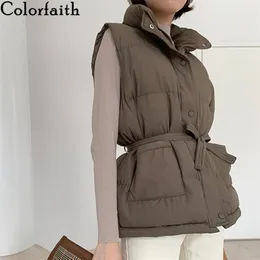 Colorfaith novo outono inverno mulheres jaquetas colete acolchoado puffer parkas de alta qualidade lace up tamanho sem mangas coberta cov2618 201211