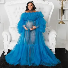 Illusion Tül Annelik Elbise Fotoğrafçılık Fantezi Mavi Katmanlı Ruffles Bayanlar Ucuz Çekim için Pijama Törenlerinde