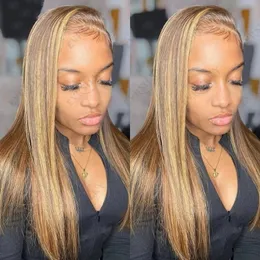 Gerade Blonde Highlight 13x6 Spitze Front Echthaar Perücke Vorgezupft 200 Dichte Indische Remy 5X5 Spitze Verschluss perücken Für Frauen