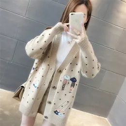 Women Sweaters Autumn Winter Outerwear Sweater V-neck Casual Knit Cardigans Cartoon Embroidery Long Sleeve Korean loose Cardigan 201029