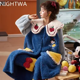 NIGHTWA Winter Warm Pajamas set Women Long Sleeve Nightgown Hooded Flannel Nightgowns NightDress Sleepwear Cute Princess set 201217