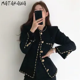 MATAKAWA Chic Korea Elegante Retro Rundhals Gestreiften Einreiher Mantel Lose Taschen Langarm Tweed Kurze Jacke Frauen 201210