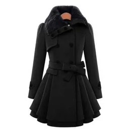 Woolen Coat Double Breasted Lapel Long Coat Female Thicken Autumn Winter Slim Belt Pleated Trench Coats Lady Fur Collar Peacoat 201103