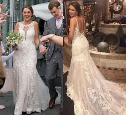 Lüks Dantel Mermaid Gelinlik 2021 Jewel Boyun Backless Sweep Tren Ülke Bahçe Gelin Elbise Robes de Mariée Sirène