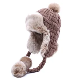 Women Trapper Hats Winter Warm Faux Fox Fur Bomber Hat Beanies Russian Ushanka Wool Knit Pom Pom Earflaps Aviator Caps T200104