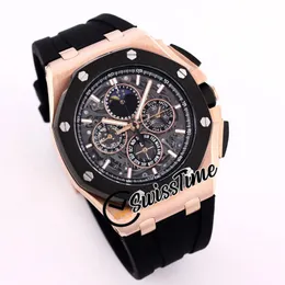 26571 26582 Quartz Chronograph Mens Watch Moon Phase Skeleton Dial Stopwatch Two Tone Rose Gold Case Rubber Watches 2022 Swisstime254y