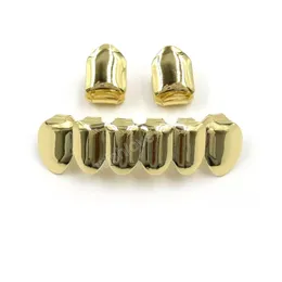 18K Real Gold Braces Plain Punk Hiphop Up 2 Bottom 6 Teeth Grillz Dental Mouth Fang Grills Tooth Cap Cosplay Party Jewelry