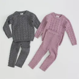 Spädbarn Baby Boys Tjejer Sticka Base Skjorta Långärmad Top + Byxor Kläder Satser Höst Vinter Kids Pure Color Boy Girl Suit Kläder LJ201221