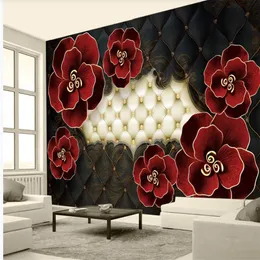 3Dルームの壁紙3次元エンボス加工された革の花の壁紙ヨーロッパスタイルのリビングルームのモダンな壁紙
