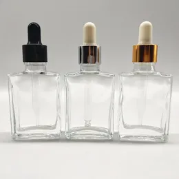 dhgateクリア透明な平らな平方正方15ml 30ml 50ml 100mlガラス化粧ボトルアルミニウムドロッパー蓋、1オンス長方形ガラスエッセンシャルオイルセラムボトル卸売