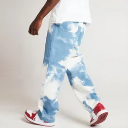 Mjartoria Men Jeans light Blue Curagy Straight Straight Denim Pants Tie Dye Print Sky Blue Long Ounser Straight Jeans 20201250C