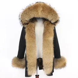 Imperméable Parka Veste D'hiver Femmes Réel Fourrure De Renard Manteau Grand Naturel Fourrure De Raton Laveur Capuche Épais Chaud Long Parkas Streetwear Nouveau 201112