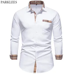 PARKLEES Autumn Plaid Patchwork Formal Shirts for Men Slim Long Sleeve White Button Up Shirt Dress Business Office Camisas 220309