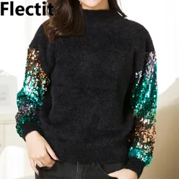 Flectit Metallic Sequin 슬리브 퍼지 앙고라 스웨터 여성 가을 ​​겨울 높은 거리 니트 점퍼 풀오버 ​​* LJ201112