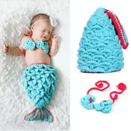 Traje de cauda de sereia azul de crochê para meninas recém-nascidas, adereços para fotografia de bebês, adereços para fotos de casulo de sereia infantil