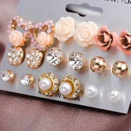 9Pair / set mix style guld färg zirkon blomma stud örhängen uppsättning kristall hjärta örhängen för kvinnor flicka mode smycken gåva