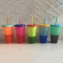 710ML PP Temperature Magical Color Change Cups Colorful Cold Water Color Changing Coffee Cup Mug Water Bottles With Straws 5pcs LJ200821
