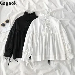 Gagaok Women Streetwear 블라우스 봄 가을 새로운 단단한 스탠드 퍼프 슬리브 레이스 최대 느슨한 캐주얼 와일드 여성 패션 셔츠 탑스 LJ200831